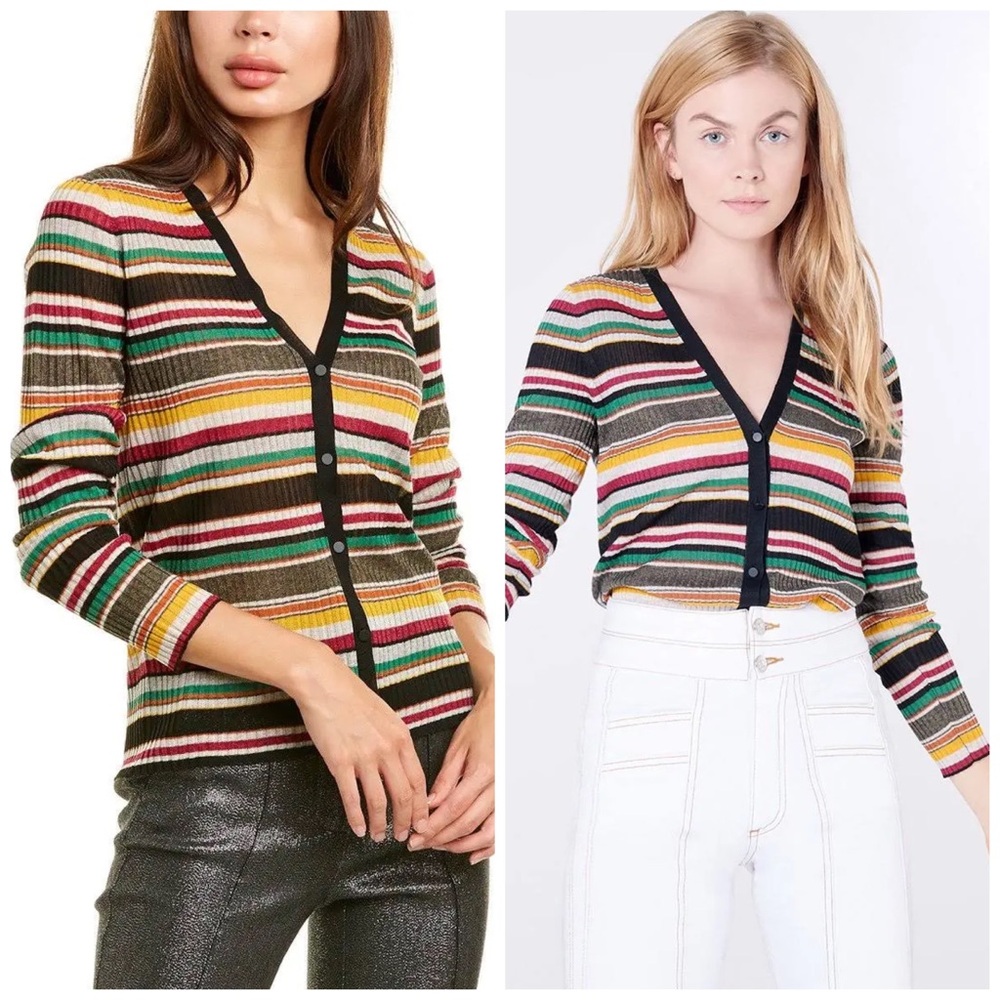 Veronica Beard Keke Stripe Ribbed Cardigan Button in Black Multicolor M Medium